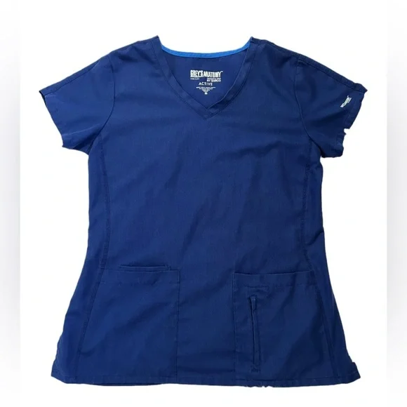 Greys Anatomy By Barco Woman’s Medium Active Blue V-Neck Scrub Top & Bottoms - Picture 2 of 15